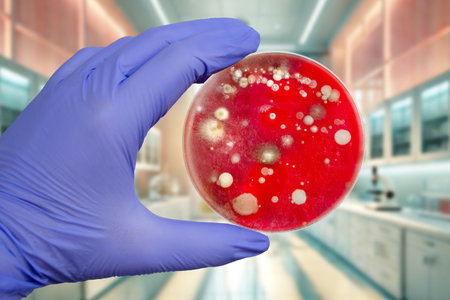 Bacterial and mold fungi colonies grown from indoor air on blood sheep agar, photograph showcasing microbial diversity and air contamination.の写真素材