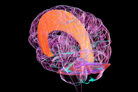 Human brain with highlighted falx cerebri (orange) and tentorium cerebelli (purple), 3D illustration showing brain's protective membranes.の写真素材