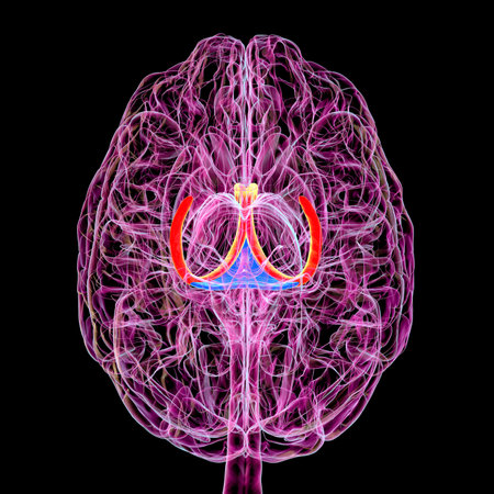 Brain fornix (orange) and commissure of fornix (blue), 3D illustration. The brain fornix is involved in memory function, associated with Alzheimer's disease and amnesia. Bottom view.の写真素材