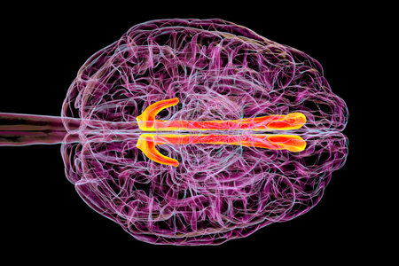 3D illustration of the human brain highlighting the cingulate gyrus, which is essential for emotion processing, decision-making, and cognitive control, bottom view.の写真素材