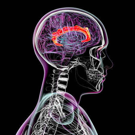 3D illustration of the human brain highlighting the cingulate gyrus, which is essential for emotion processing, decision-making, and cognitive control, side view.の写真素材
