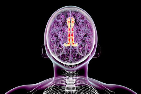3D illustration of the human brain highlighting the cingulate gyrus, which is essential for emotion processing, decision-making, and cognitive control, top view.の写真素材
