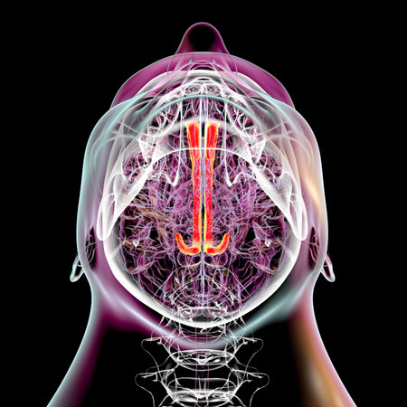 3D illustration of the human brain highlighting the cingulate gyrus, which is essential for emotion processing, decision-making, and cognitive control, bottom view.の写真素材