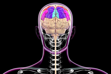 Parietal gyri: postcentral gyrus (red), superior parietal lobule (dark blue), inferior parietal lobule with supramarginal (green) and angular gyrus (purple), precuneus (light blue), back view, 3D illustration.の写真素材