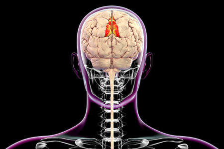 3D illustration of a human brain with the precuneus gyrus highlighted, showcasing its role in self-reflection, memory, spatial awareness, and its involvement in various neuropsychiatric conditions.の写真素材