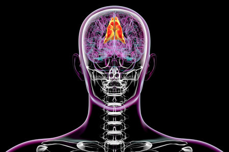 3D illustration of a human brain with the precuneus gyrus highlighted, showcasing its role in self-reflection, memory, spatial awareness, and its involvement in various neuropsychiatric conditions.の写真素材