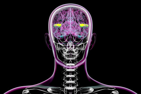 Human brain with the transverse temporal gyri highlighted, anterior in green and posterior in yellow, 3D illustration. These regions are involved in auditory processing and language comprehension.の写真素材
