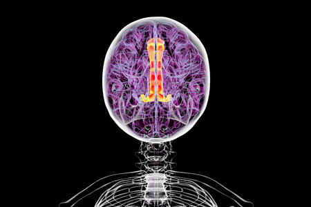 3D illustration of the human brain highlighting the cingulate gyrus, which is essential for emotion processing, decision-making, and cognitive control, top view.の写真素材