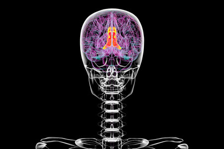 3D illustration of the human brain highlighting the cingulate gyrus, which is essential for emotion processing, decision-making, and cognitive control, back view.の写真素材
