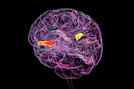 3D illustration of a human brain with the transverse temporal gyri highlighted, anterior in green and posterior in orange. These regions are involved in auditory processing and language comprehension.の写真素材