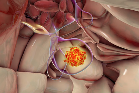 A pituitary gland tumor, 3D medical illustration highlighting its location and impact on nearby structures.の写真素材