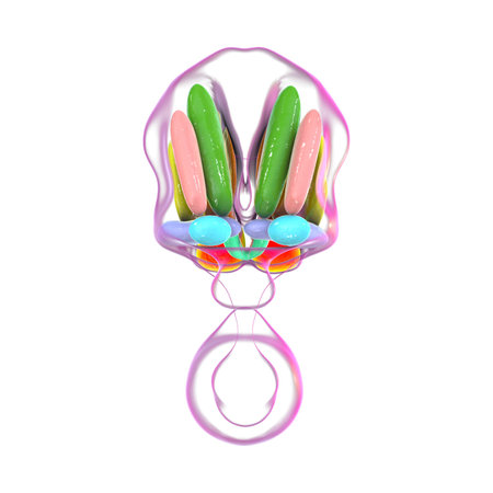 Detailed 3D illustration of hypothalamic nuclei, showcasing the brain's vital control center for various physiological functions, front view.の写真素材