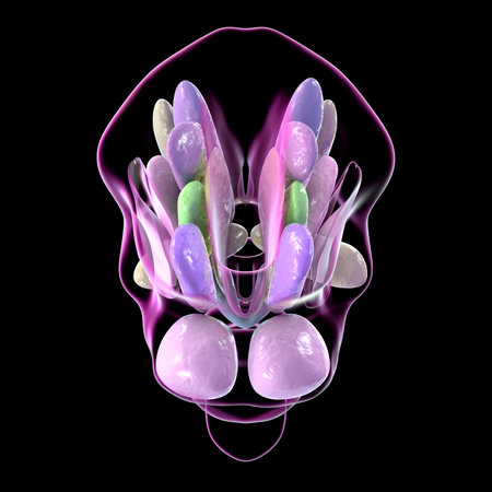Detailed 3D illustration of hypothalamic nuclei, showcasing the brain's vital control center for various physiological functions, back view.の写真素材