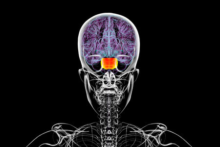 3D illustration of the brain with the pons highlighted in orange, responsible for regulating breathing, sleep, and communication between brain regions.の写真素材