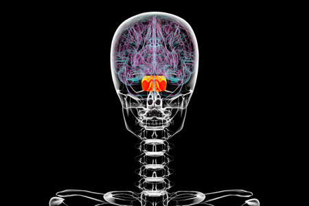 3D illustration of the brain with the pons highlighted in orange, responsible for regulating breathing, sleep, and communication between brain regions. Back view.の写真素材