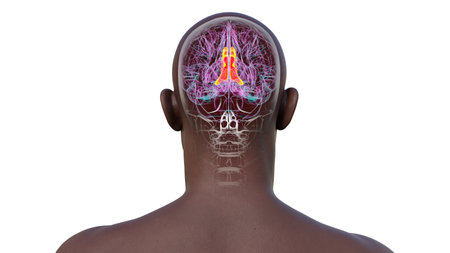 3D illustration of the human brain highlighting the cingulate gyrus, which is essential for emotion processing, decision-making, and cognitive control. Back view.の写真素材