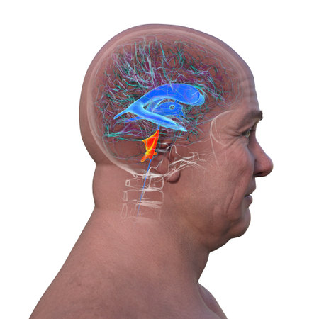 Anatomy of the fourth brain ventricle (highlighted in orange color), a fluid-filled cavity situated at the posterior of the brainstem, involved in cerebrospinal fluid circulation, 3D illustration.の写真素材