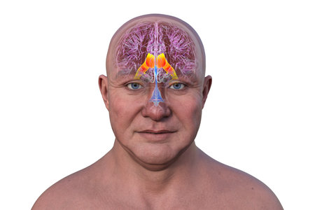 The lateral brain ventricles, the largest paired cavities in the brain, responsible for producing and circulating cerebrospinal fluid, 3D illustration, front view.の写真素材