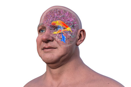 The lateral brain ventricles, the largest paired cavities in the brain, responsible for producing and circulating cerebrospinal fluid, 3D illustration.の写真素材
