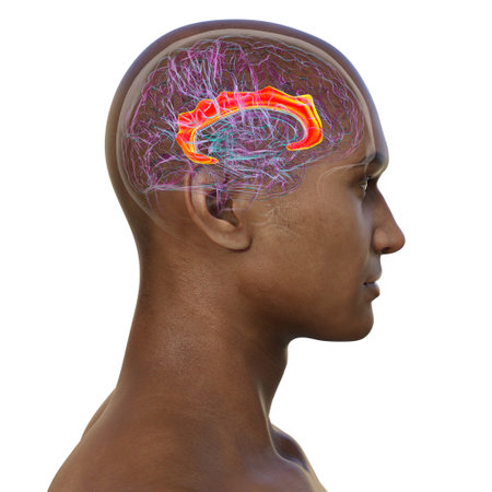 3D illustration of the human brain highlighting the cingulate gyrus, which is essential for emotion processing, decision-making, and cognitive control.の写真素材