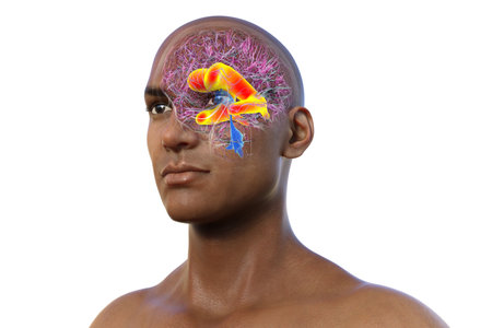 3D illustration showing enlarged lateral ventricles of the brain (hydrocephalus, orange).の写真素材