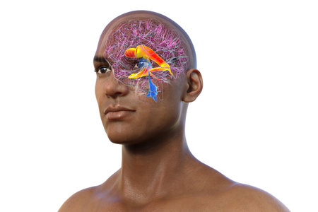 The lateral brain ventricles, the largest paired cavities in the brain, responsible for producing and circulating cerebrospinal fluid, 3D illustration.の写真素材