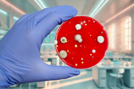 Bacterial and mold fungi colonies grown from indoor air on blood sheep agar, photograph showcasing microbial diversity and air contamination.の写真素材