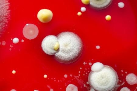 Mold fungi colonies grown from indoor air on blood sheep agar, photograph showcasing microbial diversity and air contamination.の写真素材