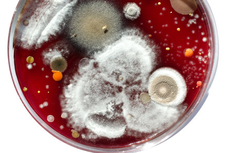 Mold fungi colonies grown from indoor air on blood sheep agar, photograph showcasing microbial diversity and air contamination.の写真素材