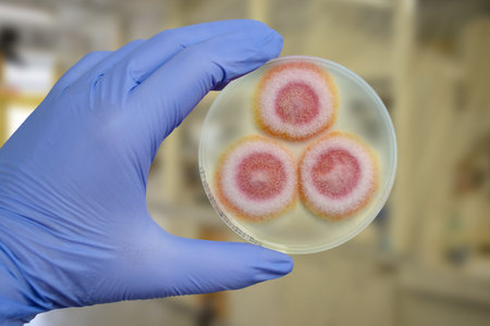 Fusarium fungi colonies on potato dextrose agar, photograph showing cottony texture and pigmentation. Causes keratitis, onychomycosis, fusariosis.の写真素材