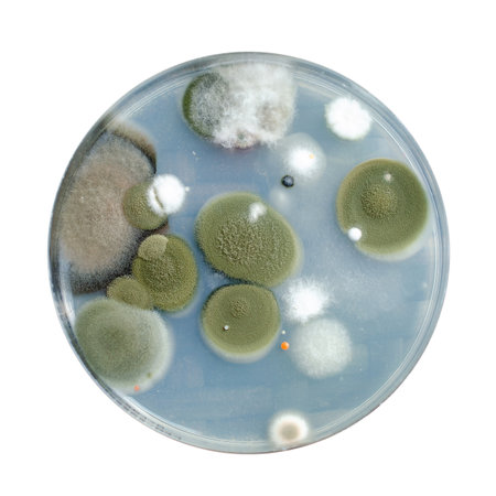 Mold fungi colonies grown from indoor air on potato dextrose agar, photograph showcasing microbial diversity and air contamination.の写真素材