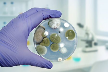 Mold fungi colonies grown from indoor air on potato dextrose agar, photograph showcasing microbial diversity and air contamination.の写真素材
