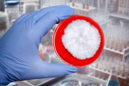 Mucor fungi colonies on potato dextrose agar, photograph showing fast-growing, fluffy, white to gray mold. Causes mucormycosis.の写真素材
