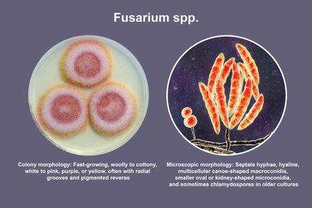 Fusarium fungi, 3D illustration showing microscopic structure (right), and photograph showing colony morphology (left).の写真素材