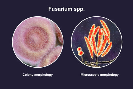Fusarium fungi, 3D illustration showing microscopic structure (right), and photograph showing colony morphology (left).の写真素材