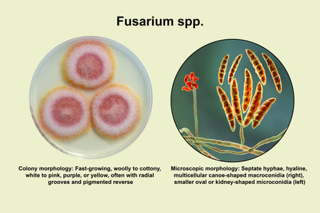 Fusarium fungi, 3D illustration showing microscopic structure (right), and photograph showing colony morphology (left).の写真素材