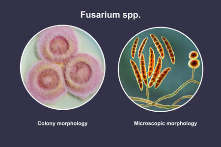 Fusarium fungi, 3D illustration showing microscopic structure (right), and photograph showing colony morphology (left).の写真素材