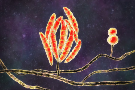 Fusarium fungi, 3D illustration showing microscopic structure with septate hyphae, multicellular canoe-shaped macroconidia, smaller oval or kidney-shaped microconidia, and chlamydospores.の写真素材