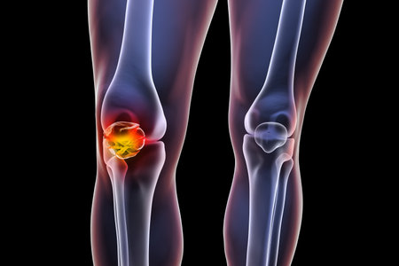 Patella multifragmented displaced fracture, 3D illustration showing multiple broken kneecap fragments misaligned, impairing knee stability and function.の写真素材