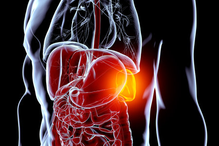 Human body anatomy with highlighted spleen, 3D illustration. The spleen filters blood, recycles red blood cells, and supports immune function.の写真素材