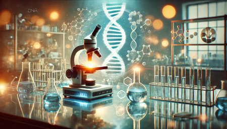 A modern, futuristic scientific laboratory interior featuring advanced technology, sleek workstations, and high-tech equipment, creating a cutting-edge research environment. Generative AI illustration.の素材