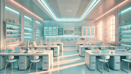 A modern, futuristic scientific laboratory interior featuring advanced technology, sleek workstations, and high-tech equipment, creating a cutting-edge research environment. Generative AI illustration.の素材