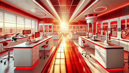 A modern, futuristic scientific laboratory interior featuring advanced technology, sleek workstations, and high-tech equipment, creating a cutting-edge research environment. Generative AI illustration.の素材