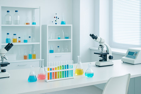 A modern, futuristic scientific laboratory interior featuring advanced technology, sleek workstations, and high-tech equipment, creating a cutting-edge research environment. Generative AI illustration.の素材