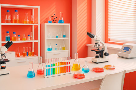 A modern, futuristic scientific laboratory interior featuring advanced technology, sleek workstations, and high-tech equipment, creating a cutting-edge research environment. Generative AI illustration.の素材