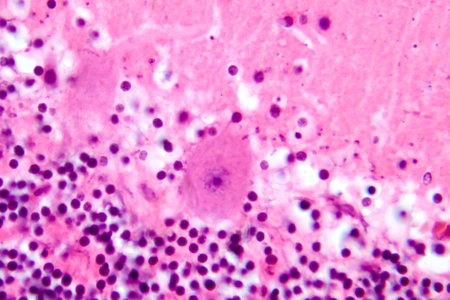 Human cerebellar cortex, photomicrograph showing Purkinje cells, granular cells, and molecular layer involved in motor coordination and balance.の写真素材