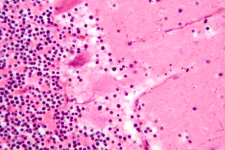 Human cerebellar cortex, photomicrograph showing Purkinje cells, granular cells, and molecular layer involved in motor coordination and balance.の写真素材