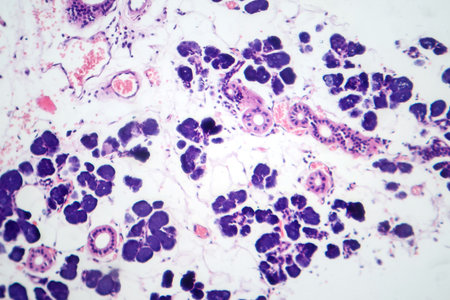 Mixed parotid tumor, photomicrograph showing epithelial and myoepithelial cell components within chondromyxoid stroma, typical of pleomorphic adenoma.の写真素材