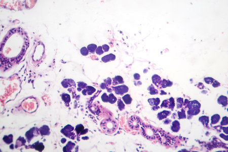 Mixed parotid tumor, photomicrograph showing epithelial and myoepithelial cell components within chondromyxoid stroma, typical of pleomorphic adenoma.の写真素材