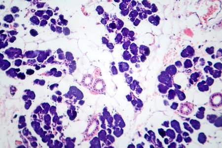 Mixed parotid tumor, photomicrograph showing epithelial and myoepithelial cell components within chondromyxoid stroma, typical of pleomorphic adenoma.の写真素材